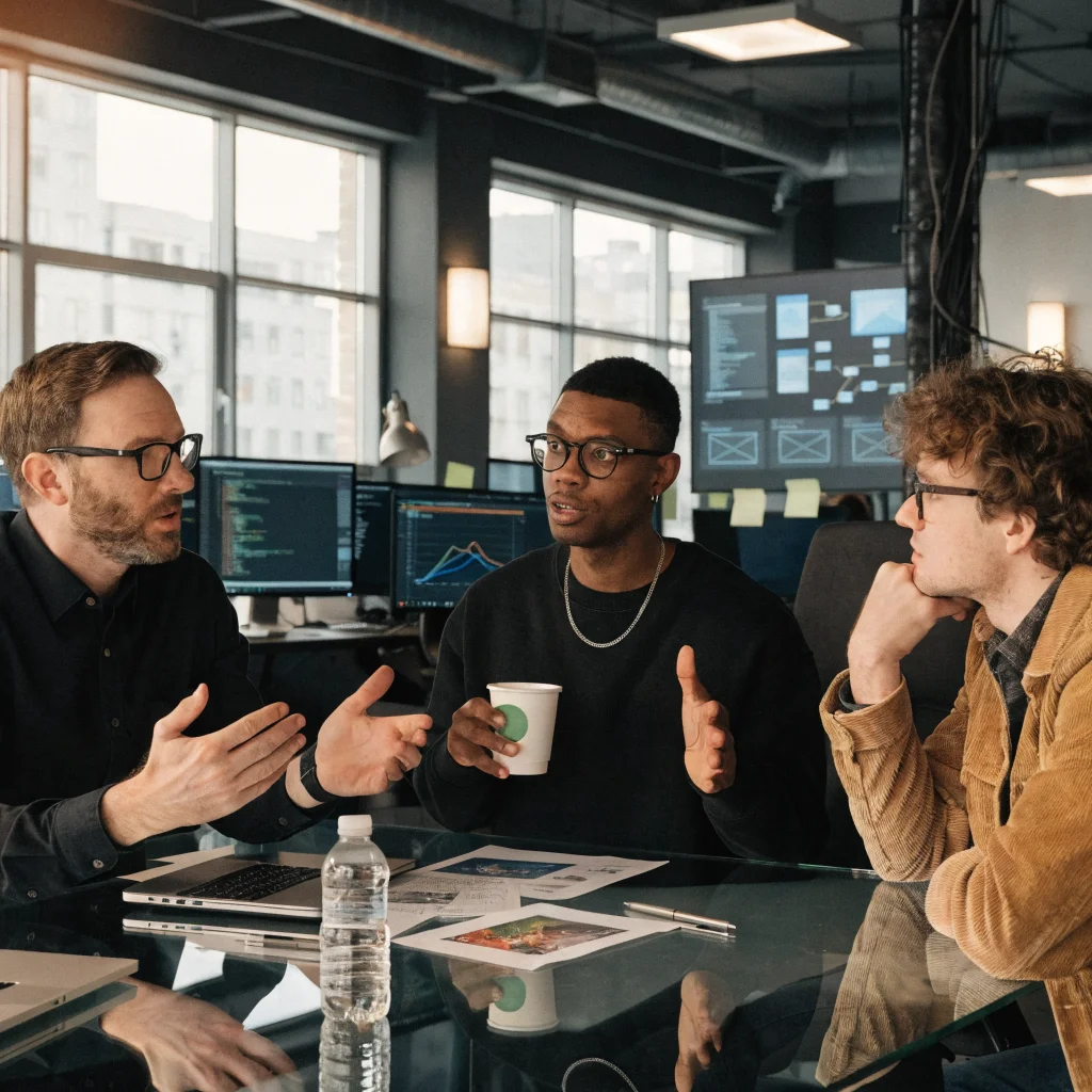 A professional photo of World of Warcraft Forever developers discussing beta launch challenges and player feedback in a modern Blizzard office.