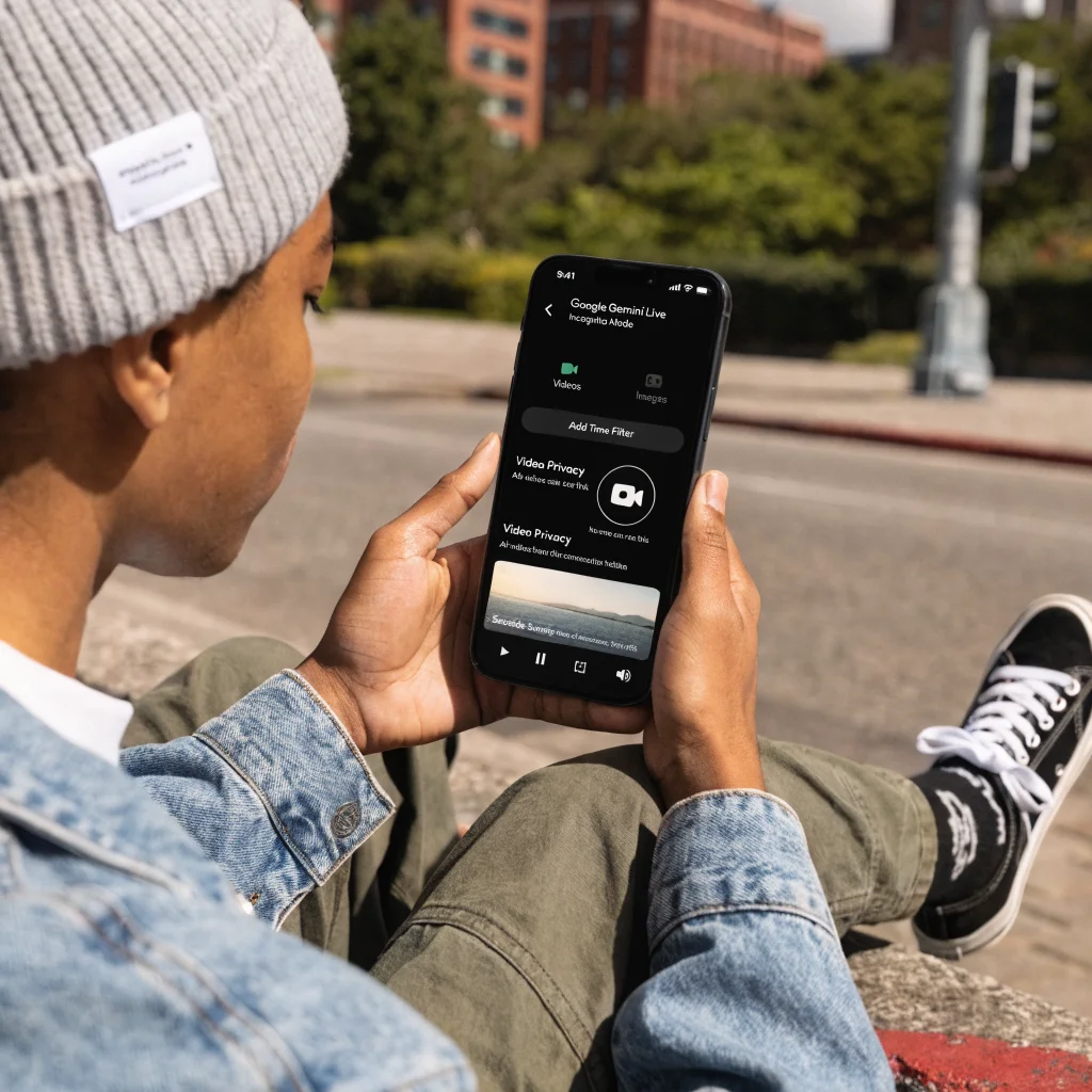 A person using a smartphone showing the Google Gemini Live app with incognito mode activated, highlighting video privacy settings on screen.
