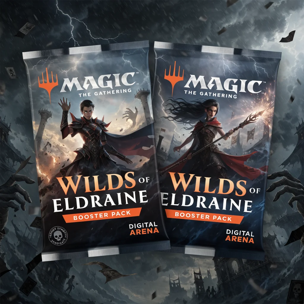 A detailed photo of Magic: The Gathering Wilds of Eldraine booster packs featuring Planeswalkers Jace Beleren and Tomik Vrona with Orzhov Syndicate artwork for digital Arena release.