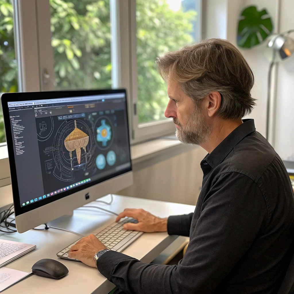 A realistic photo of Dr. Alexander Robertson working on the open-source Google Noto 3D animal emojis digital design on a computer screen.