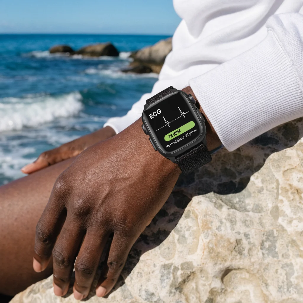 A realistic photo of an Apple Watch Ultra 3 displaying ECG data and heart rate monitoring on its screen, highlighting its medical diagnosis features.