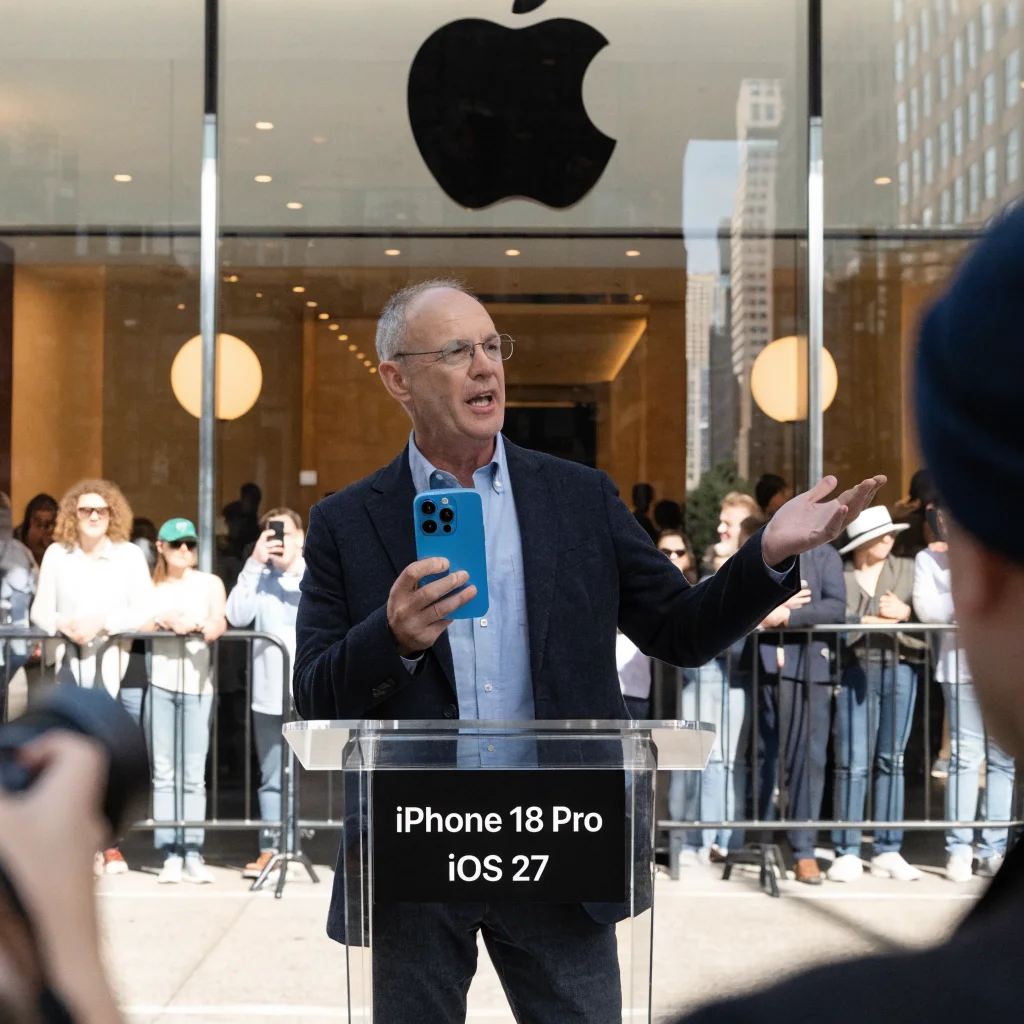 High-resolution photo of John Ternus presenting the iPhone 18 Pro and iOS 27 at the Apple Fifth Avenue store during the Surprise and Shine event.
