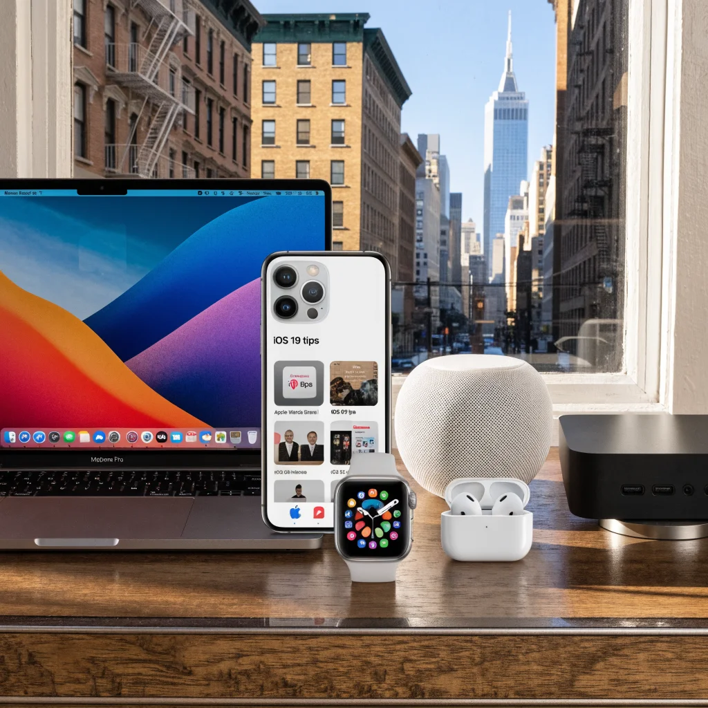 A realistic photo of an iPhone 17, MacBook Pro, Apple Watch Series 11, AirPods, HomePod mini, and Apple TV 4K displayed together with an open Apple Podcasts app and iOS 19 tips on screen.