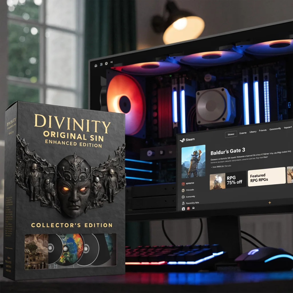 A detailed photo of a Divinity Original Sin Enhanced Edition Collector's Edition box set beside a gaming PC displaying Baldur's Gate 3 on Steam with RPG sale banners.