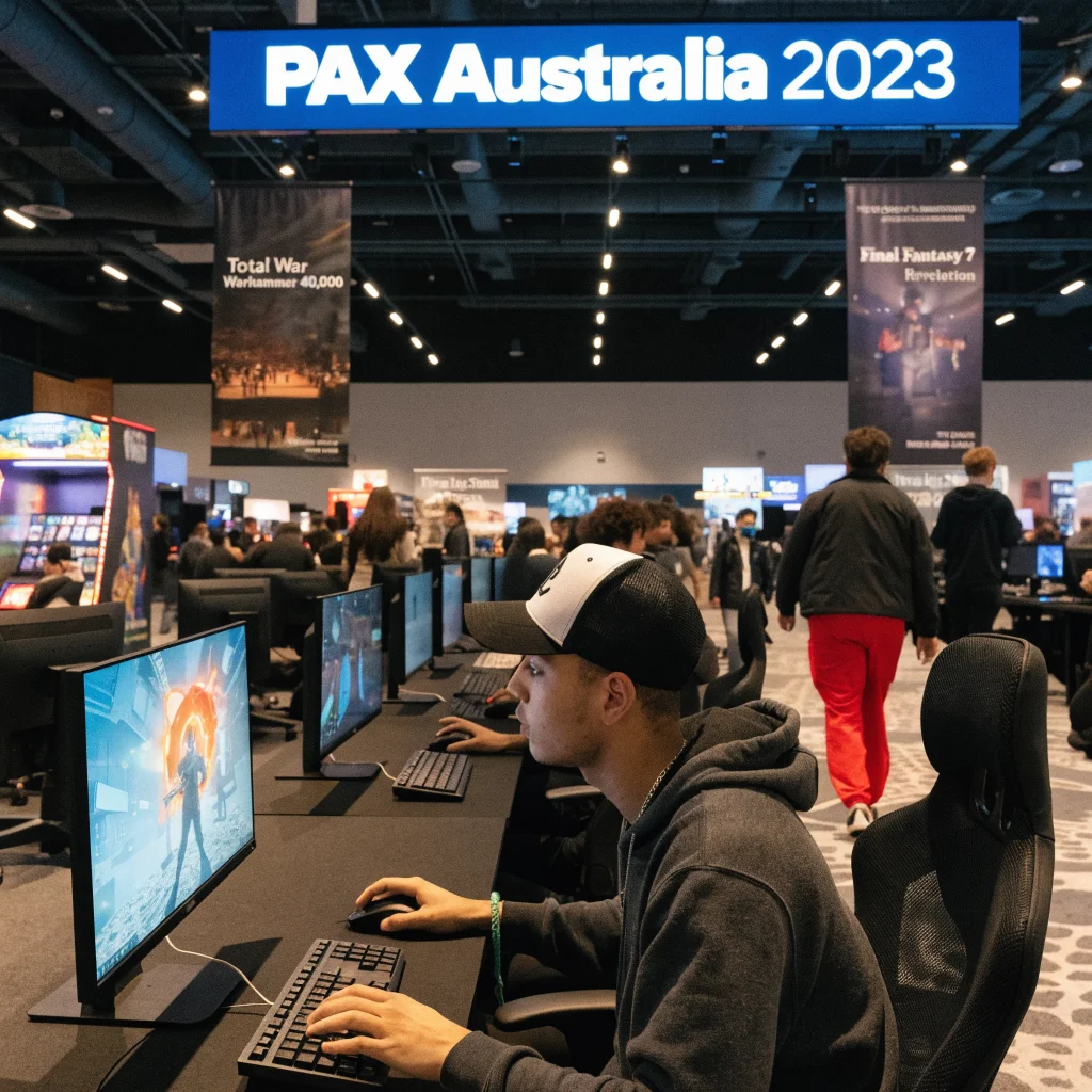 A vibrant gaming convention scene at PAX Australia 2023 showcasing new releases and remakes like Total War Warhammer 40,000 and Final Fantasy 7 Revelation.