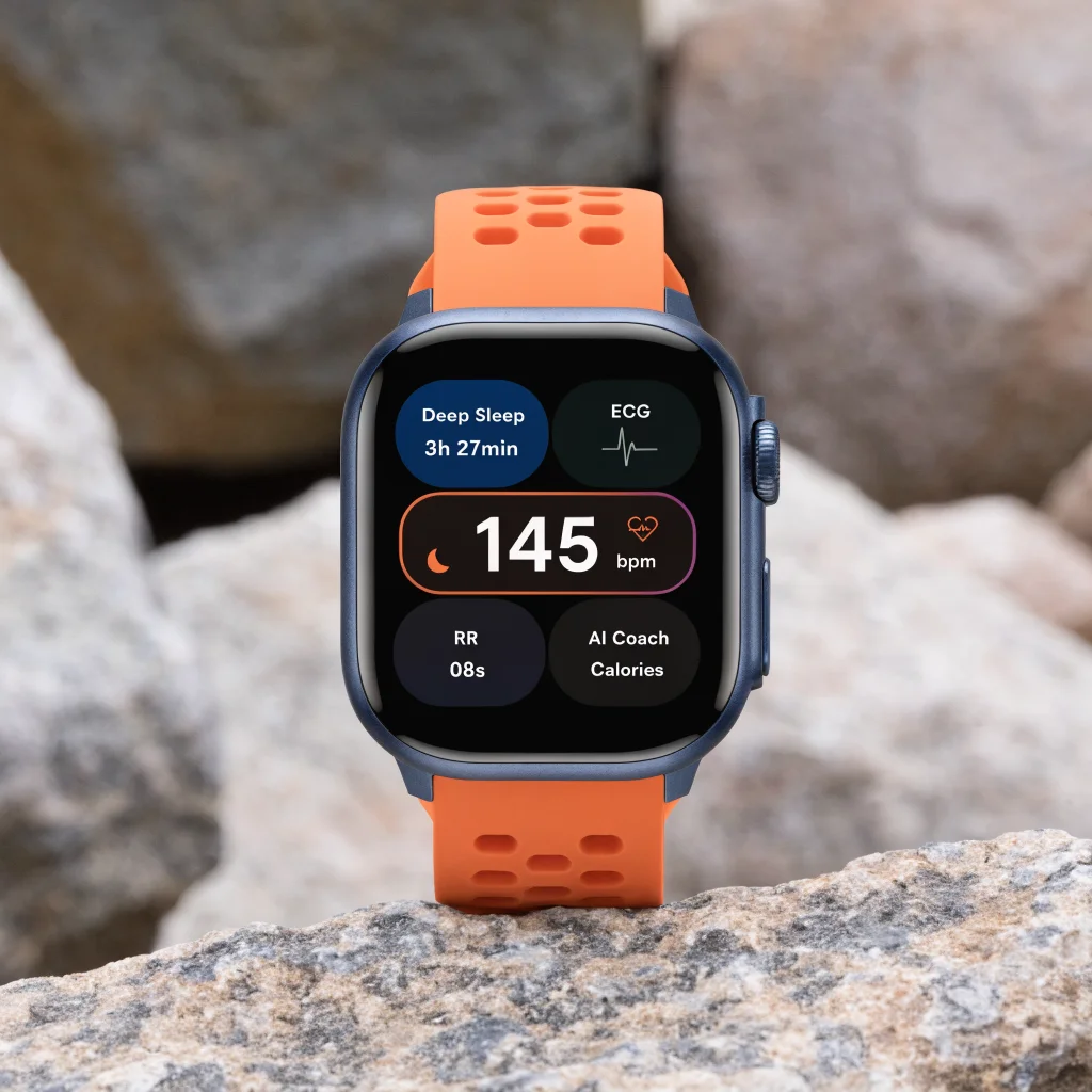 A close-up photo of a modern smartwatch displaying advanced health monitoring features and AI integration on its vibrant screen.