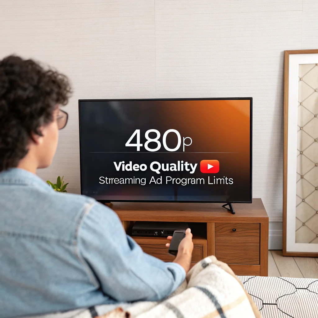 A person watching YouTube on an Amazon Fire TV smart TV screen displaying a 480p video quality notice related to streaming and ad program limits.