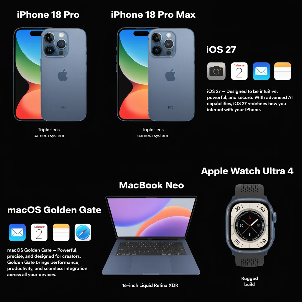 A sleek Apple Store display showcasing the new iPhone 18 Pro, iPhone 18 Pro Max, MacBook Neo, and Apple Watch Ultra 4 with iOS 27 and macOS Golden Gate.