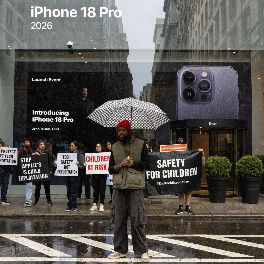 Protesters gather outside Apple Fifth Avenue during the iPhone 18 Pro 2026 launch event, advocating for child safety amid CEO John Ternus’s presentation.