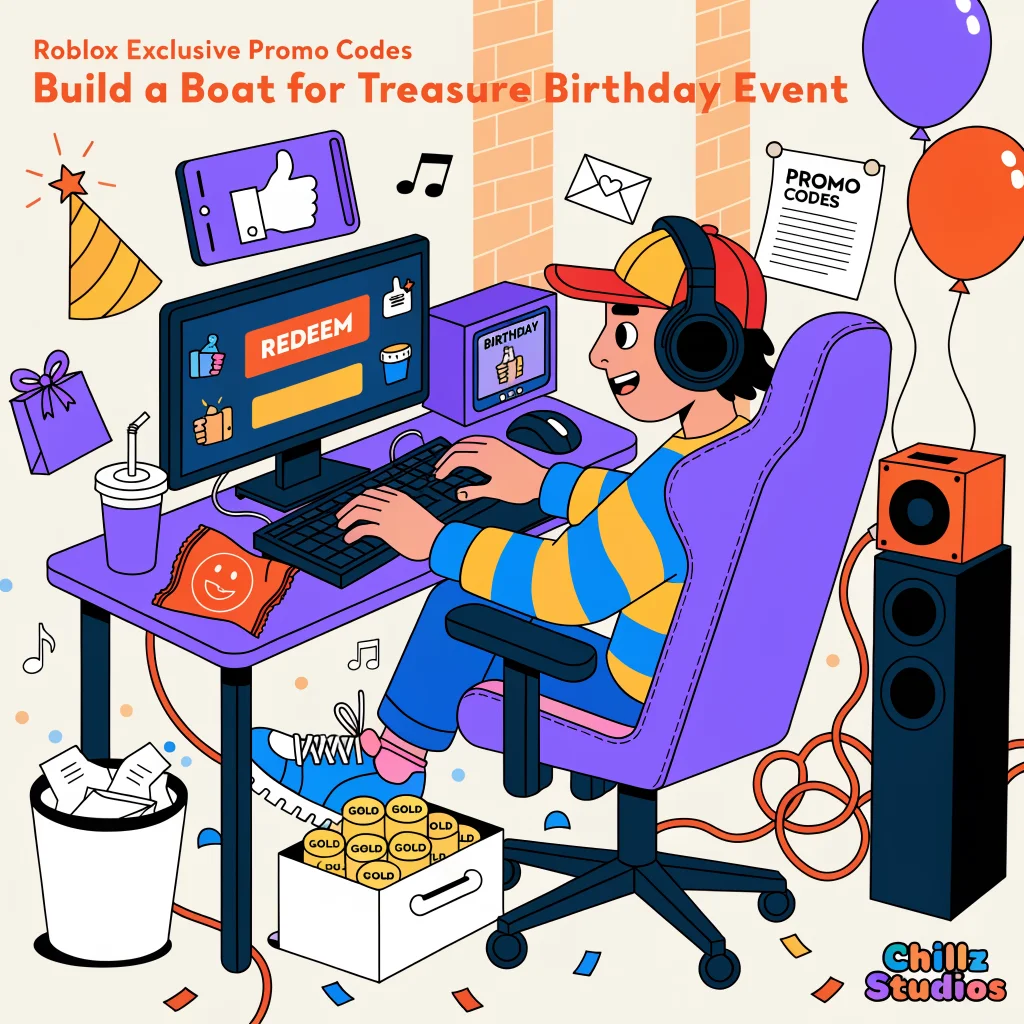 A gamer happily redeeming exclusive Roblox promo codes for gold rewards during a Build a Boat for Treasure birthday event by Chillz Studios.