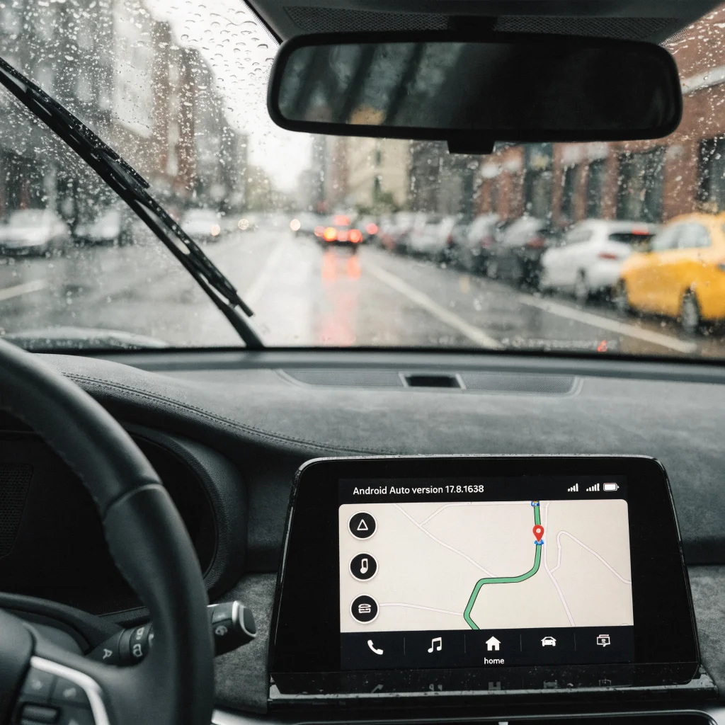 A close-up photo of a car dashboard showing Android Auto version 17.8.1638 with a clear mobile signal indicator during driving.