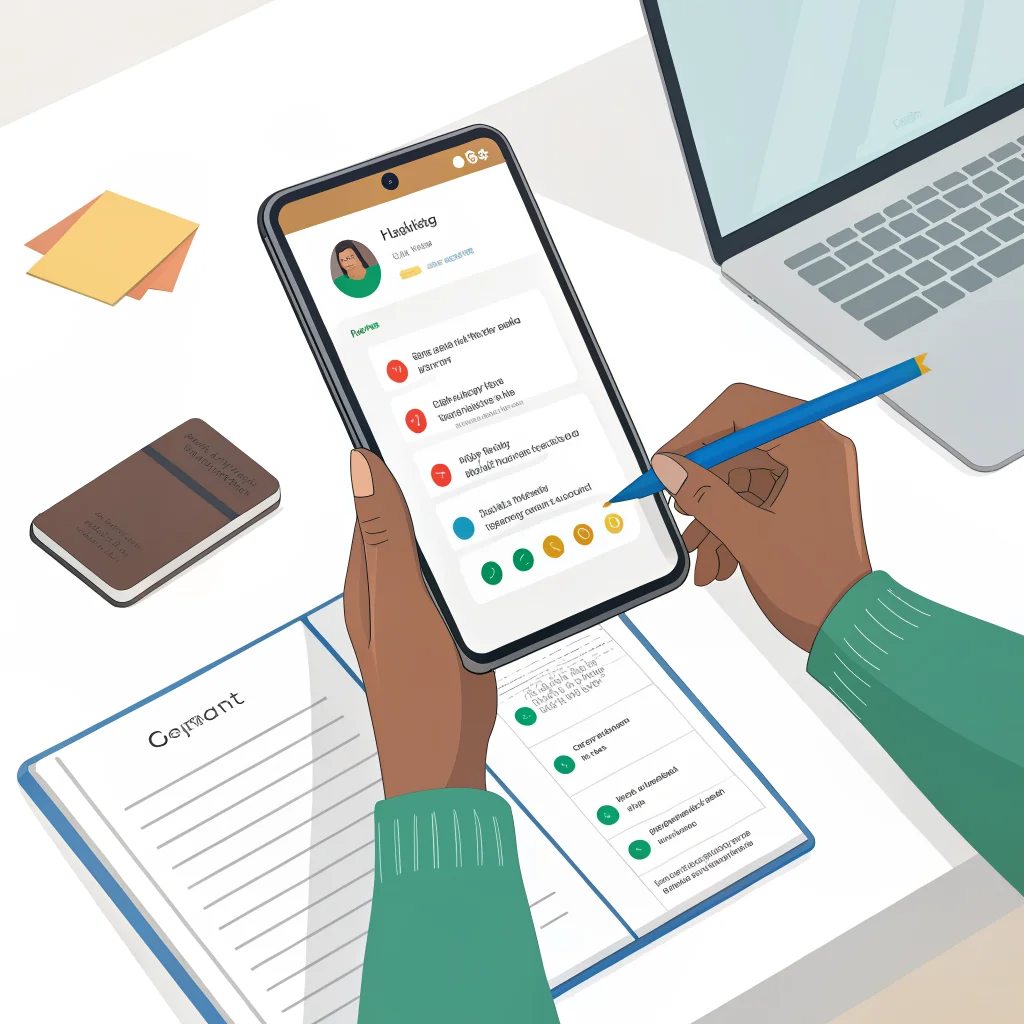 A person using Google Meet's Take Notes for Me feature on an Android device to create automatic meeting summaries and action logs in Google Docs.