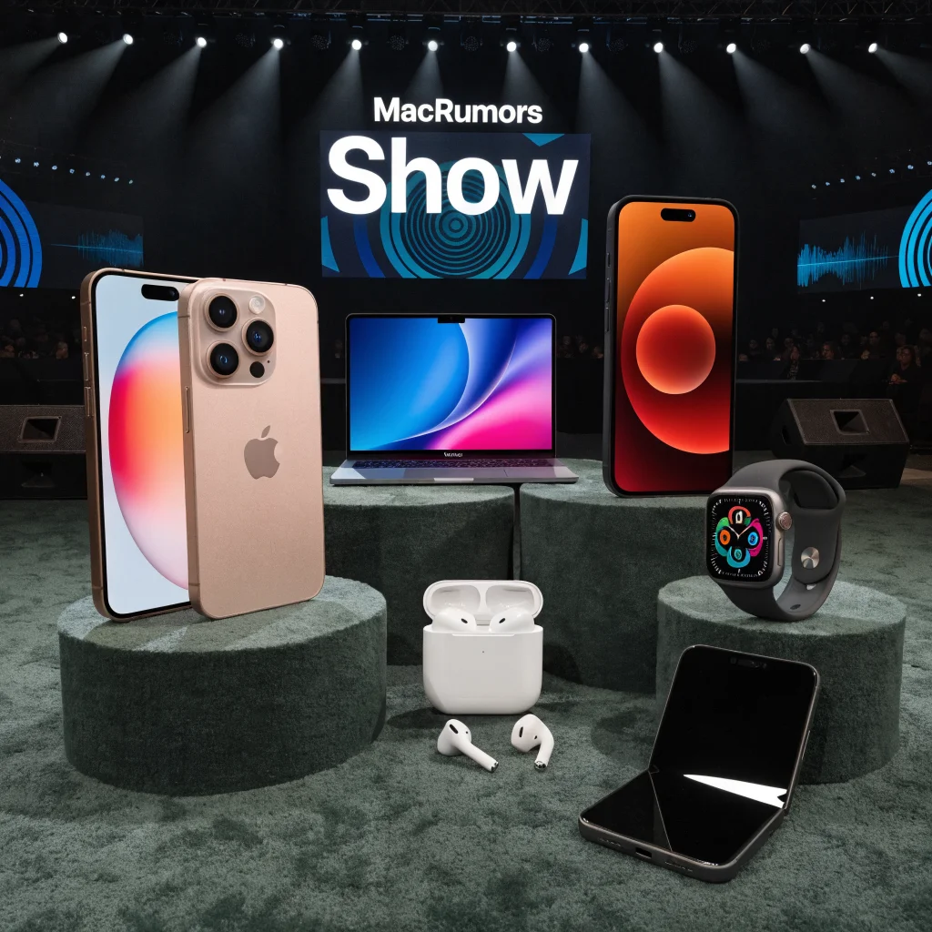 A realistic photo of the iPhone Duo, iPhone 18 Pro, AirPods 5, Apple Watch Series 12, MacBook Neo, and foldable smartphone design showcased on the MacRumors Show set.