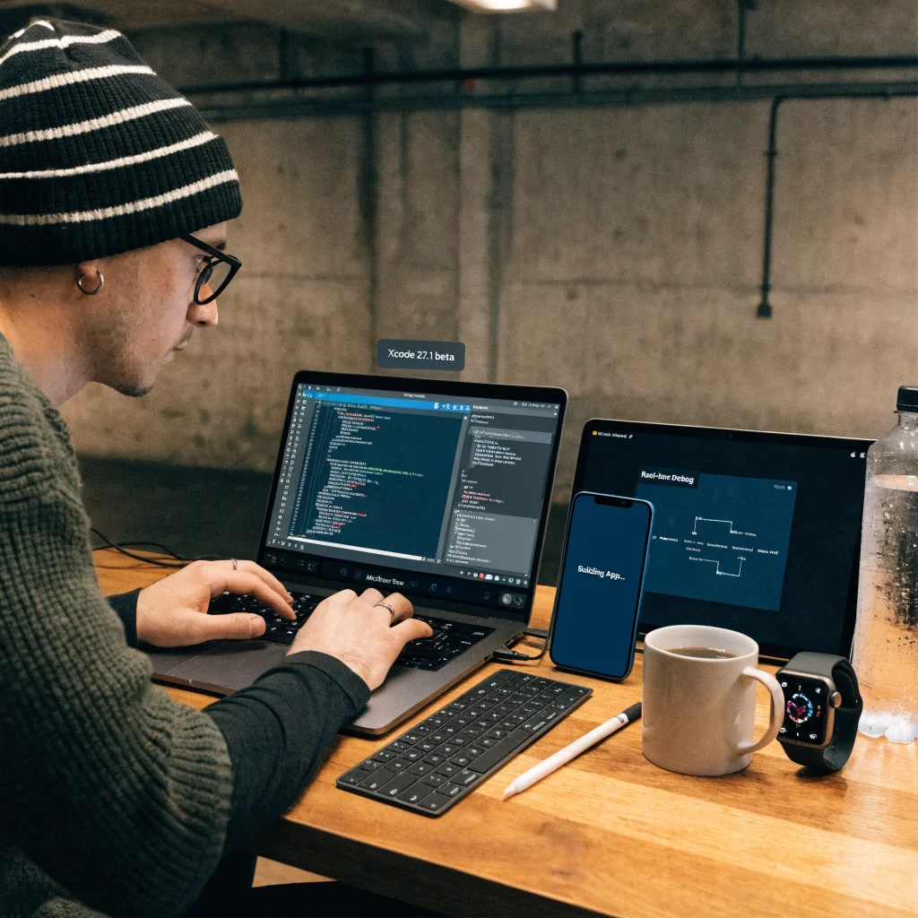 A developer using Xcode 27.1 beta on a MacBook Neo to create iPhone apps while testing on an iPhone Duo, with an iPad Pro and Apple Watch Series 11 nearby.