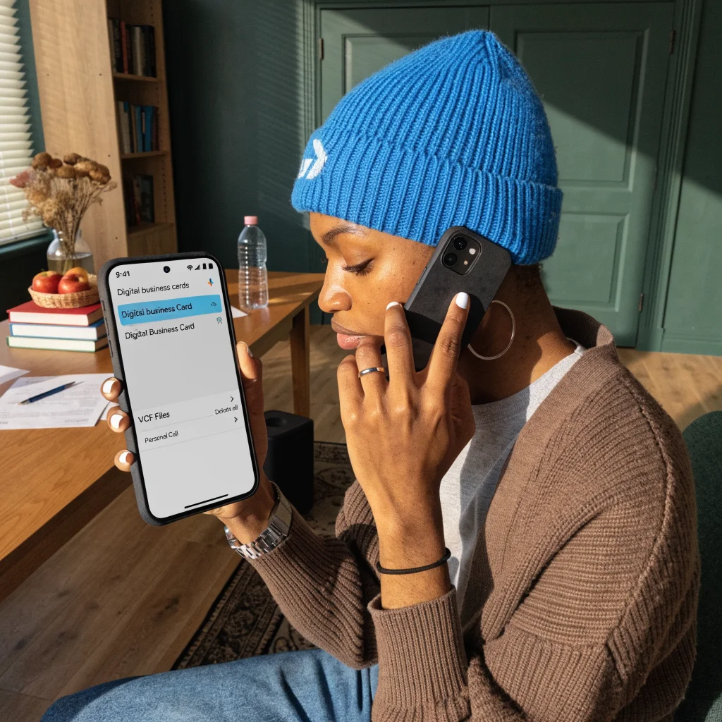 A realistic photo of an Android user managing digital business cards and VCF files on the Google Contacts app while making personal calls.