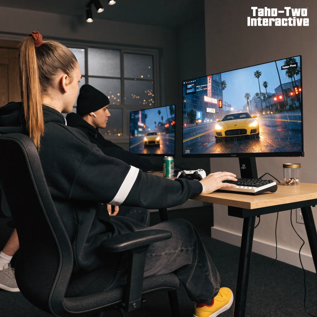 A realistic photo of a gaming setup showcasing Grand Theft Auto 6 running on PC and PlayStation 5 Pro with Take-Two Interactive branding visible.