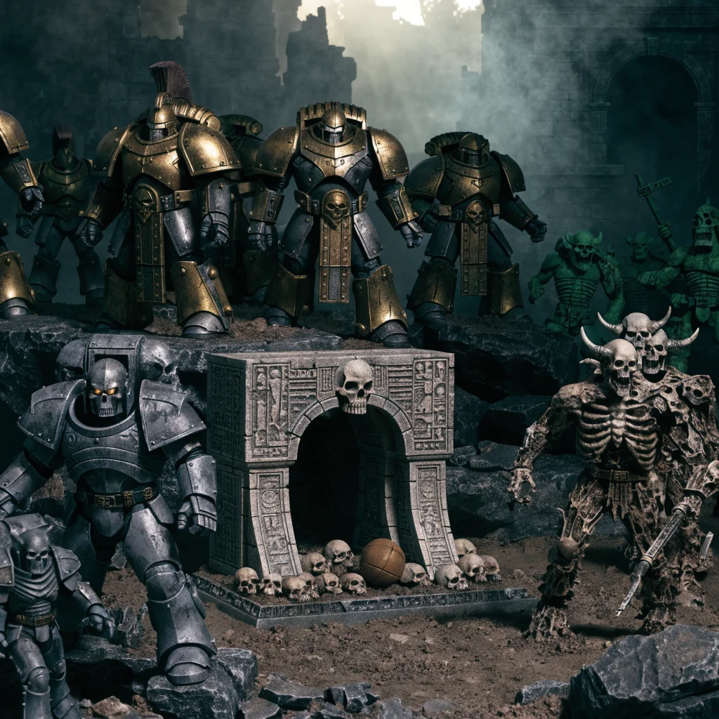 A detailed tabletop Warhammer 40K and Age of Sigmar setup showcasing Custodes Terminators, Legion of the Damned, Necromunda Corpse Grinder Cult, Tomb Kings Blood Bowl, and Darkwater Greenskins figurines.