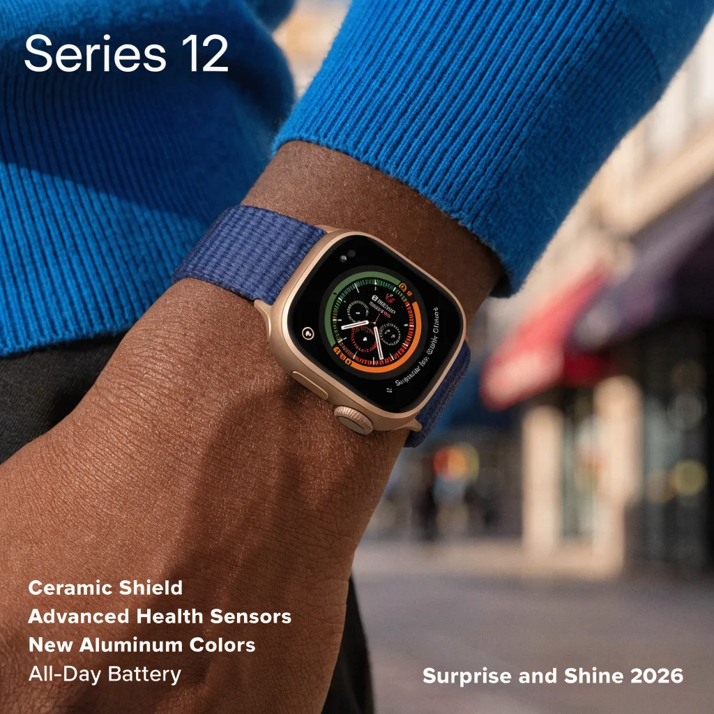 A close-up photo of the Apple Watch Series 12 with ceramic shield, health sensors, new aluminum colors, and an all-day battery on a wrist during the Surprise and Shine 2026 event.