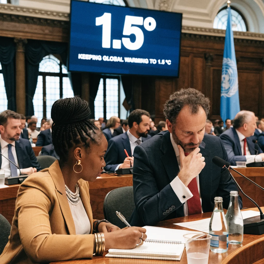 A realistic photo of a UN climate conference with representatives discussing strategies to limit global warming to 1.5 degrees Celsius.