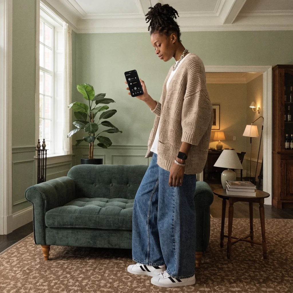 A person using an Android Auto interface on a smartphone to control smart home lighting and air conditioning with Wear OS in a modern living room.