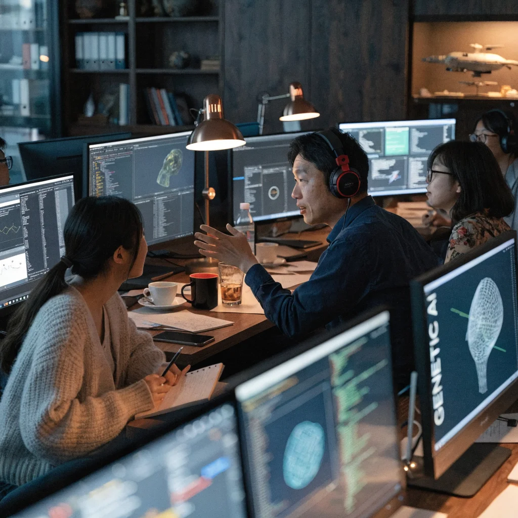 A realistic photo of Japanese game developers collaborating with AI technology in a modern studio, showcasing genetic artificial intelligence in game design.