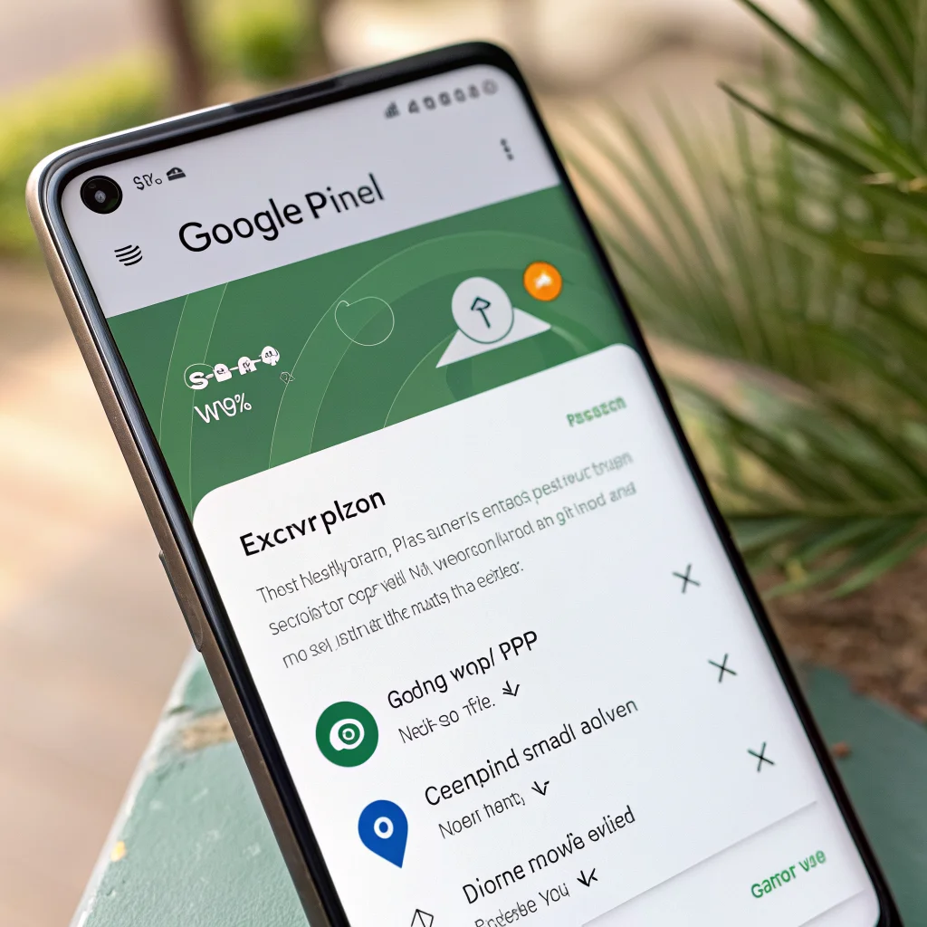 A realistic photo of a Google Pixel 8 smartphone displaying a VPN app interface highlighting encryption and connectivity restrictions.