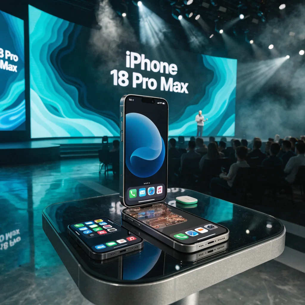 A realistic photo of a new iPhone 18 Pro Max showcasing its redesigned battery and iOS 27 interface at a 2026 Apple event.