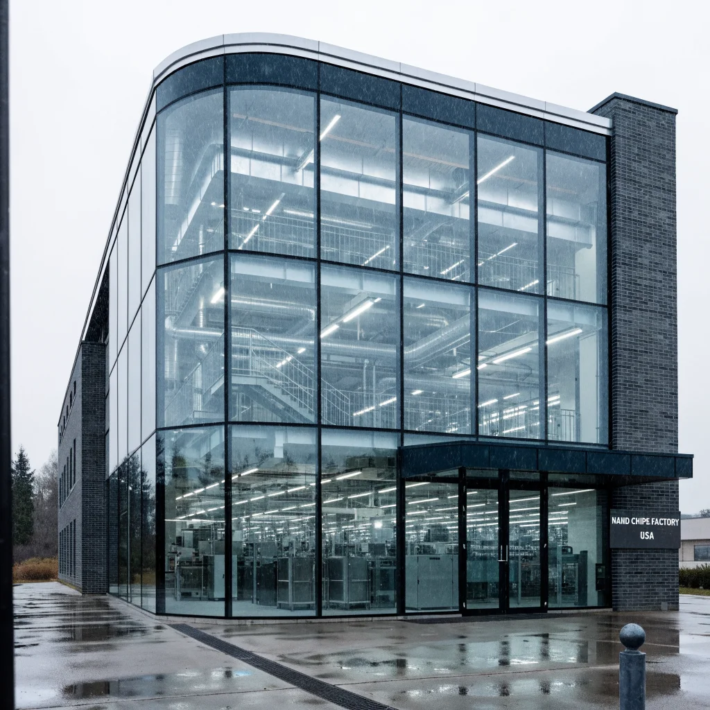 A modern NAND chip manufacturing facility in the USA producing storage chips for Apple products like iPhone and MacBook Pro 2026.
