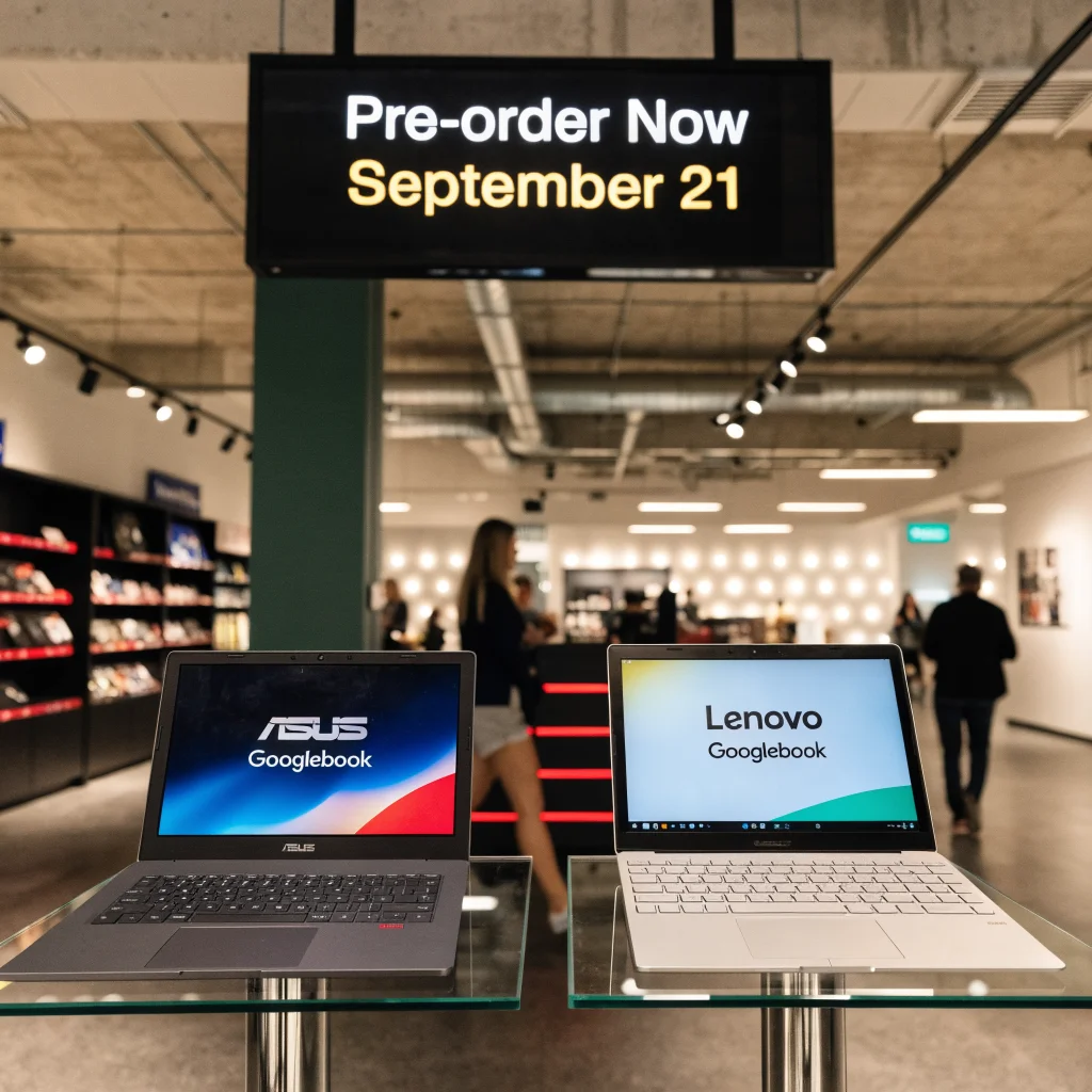 A realistic photo of ASUS and Lenovo Googlebook laptops displayed together in a tech store with a promotional sign for September 21 pre-orders.