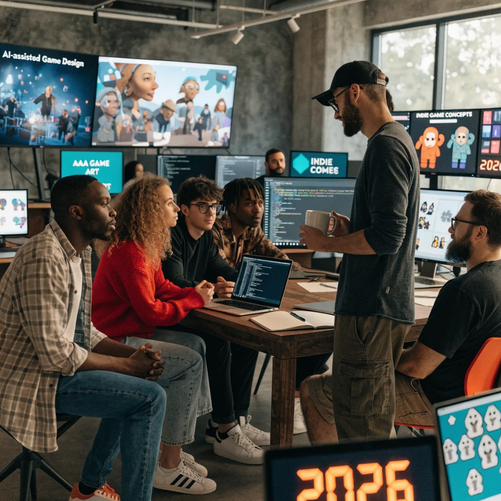 A photo of a game developer team collaborating in a modern studio surrounded by screens showing AAA and indie game concepts from 2026.