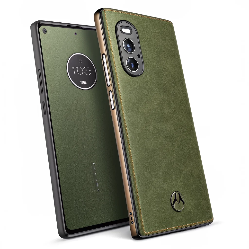 A realistic photo of the Motorola Signature 27 smartphone with a 200MP Dolby Vision camera, leather Olive cover, shown in Coal Smoke and Capulet Olive colors.