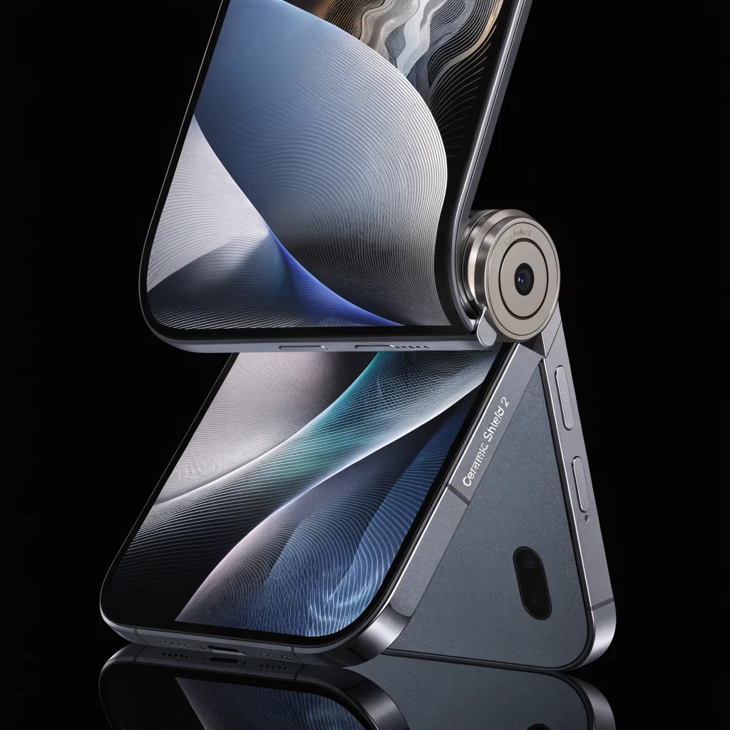 A close-up photo of the Apple iPhone Duo folding screen featuring a durable hinge, nano-texture matte finish, anti-reflective display, and Ceramic Shield 2 protection.