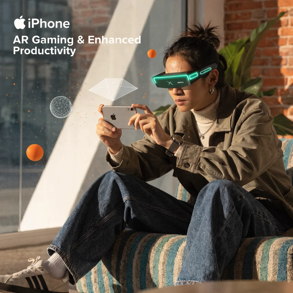 A person wearing Xreal One Pro smart glasses using an iPhone to experience augmented reality gaming and enhanced productivity features.