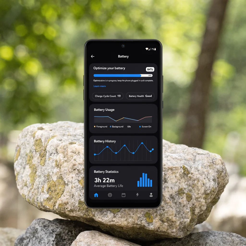 A realistic photo of an Android smartphone displaying the AccuBattery app interface, showing battery optimization and health statistics.