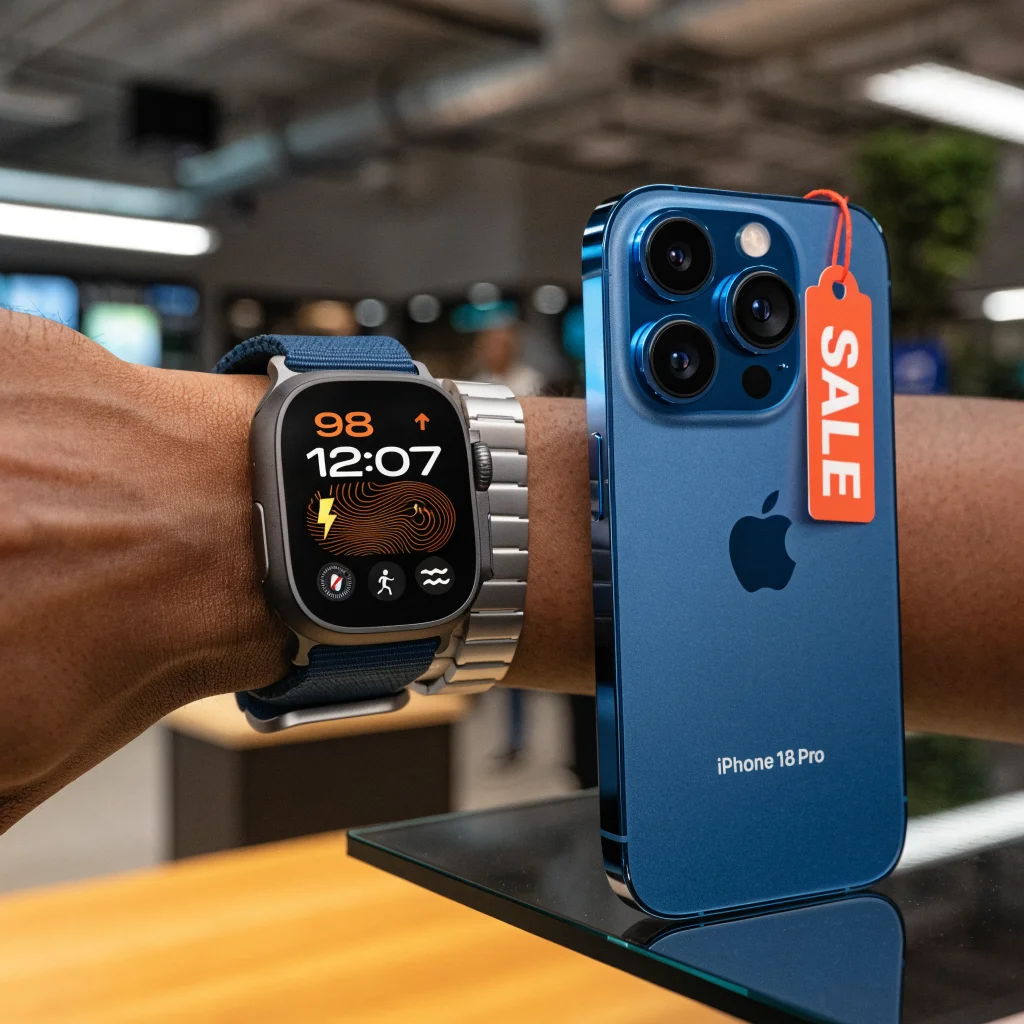A realistic photo of the new Apple Watch Ultra 4 on a wrist, displayed next to an iPhone 18 Pro with a sale tag, in a tech store setting.