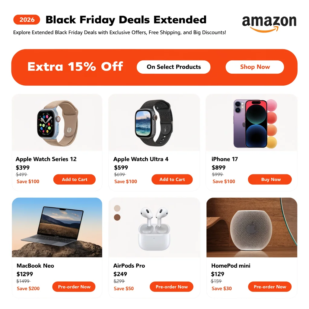A realistic photo of Amazon's online store displaying discounted Apple Watch Series 12, Apple Watch Ultra 4, iPhone 17, MacBook Neo, AirPods Pro, and HomePod mini offers for 2026.