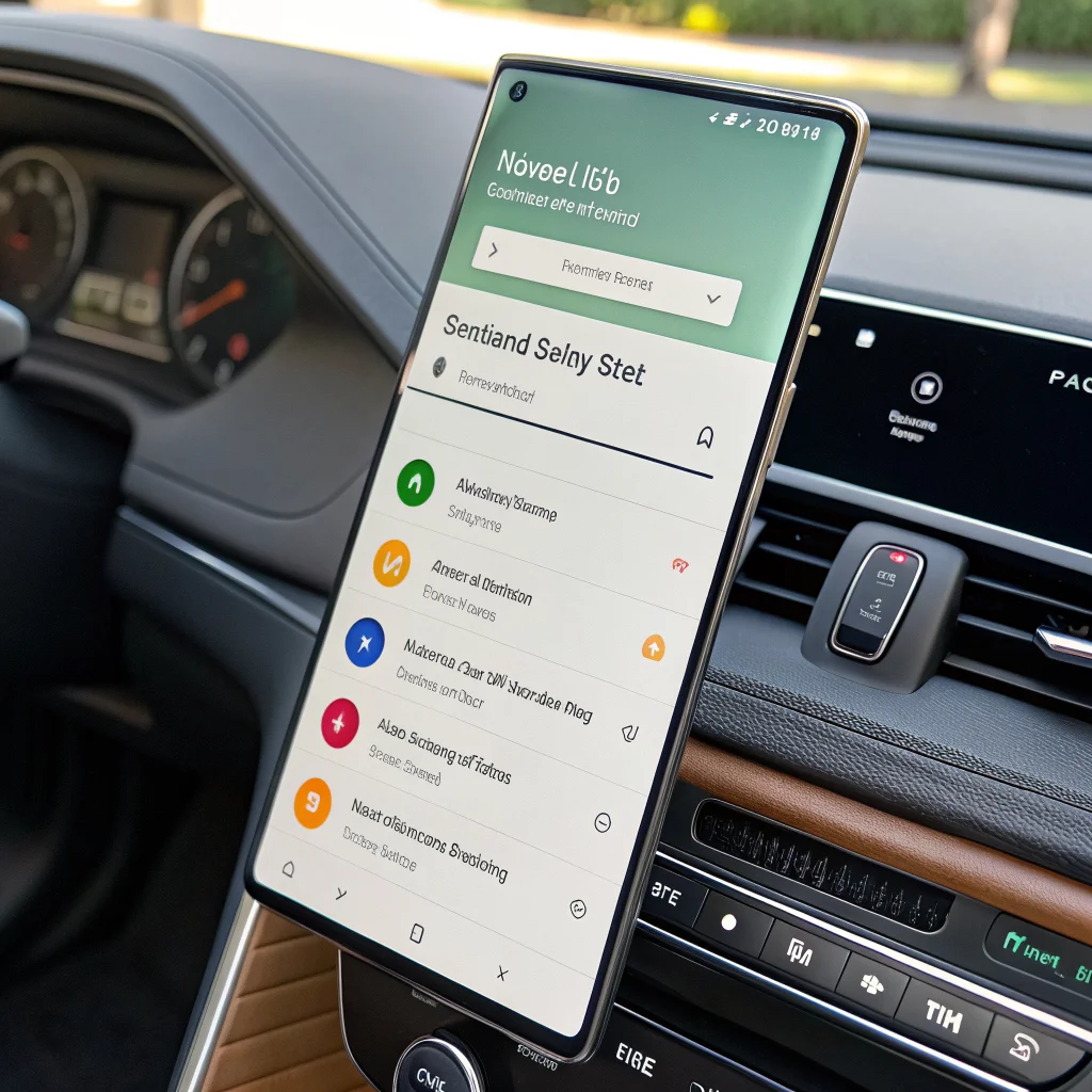A close-up photo of a Samsung Galaxy S25 Ultra displaying the Android Auto interface with optimized settings for battery life, driving safety, and notification management.