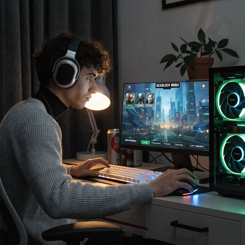 A realistic photo of a gamer playing Deadlock MOBA on a high-end PC, showing new heroes and City Never Sleeps update features on screen.