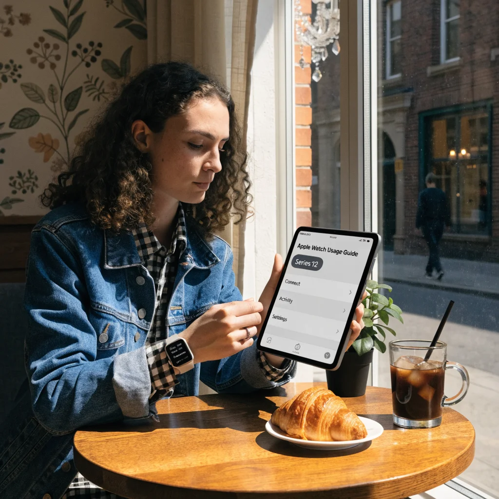 A user holding an Apple Watch Series 12 and an iPad running iPadOS, following a usage guide with Apple devices on a wooden table.