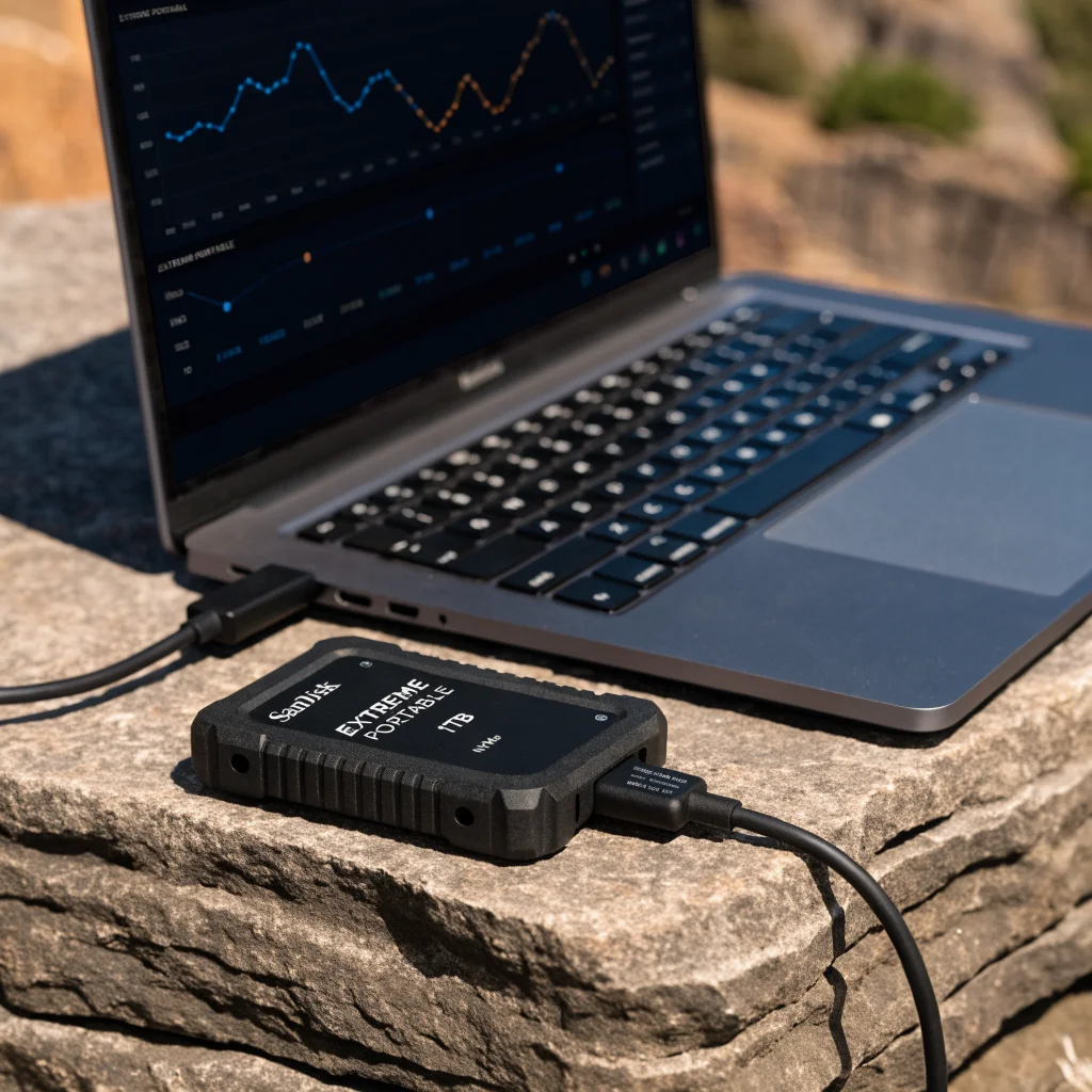 A rugged SanDisk Extreme Portable 1TB SSD with USB-C, NVMe storage, USB 3.2 Gen 2, and IP65 rating shown connected to a laptop.