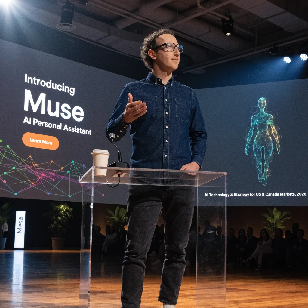 Mark Zuckerberg presenting the AI personal assistant Muse at Meta headquarters, showcasing smart Meta glasses and discussing AI technology and strategy for US and Canada markets in 2026.