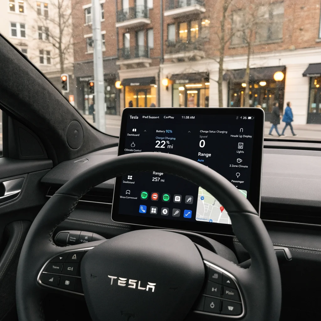 A realistic photo of a Tesla dashboard displaying the updated Tesla app interface with iPad support and CarPlay features in a modern car interior.