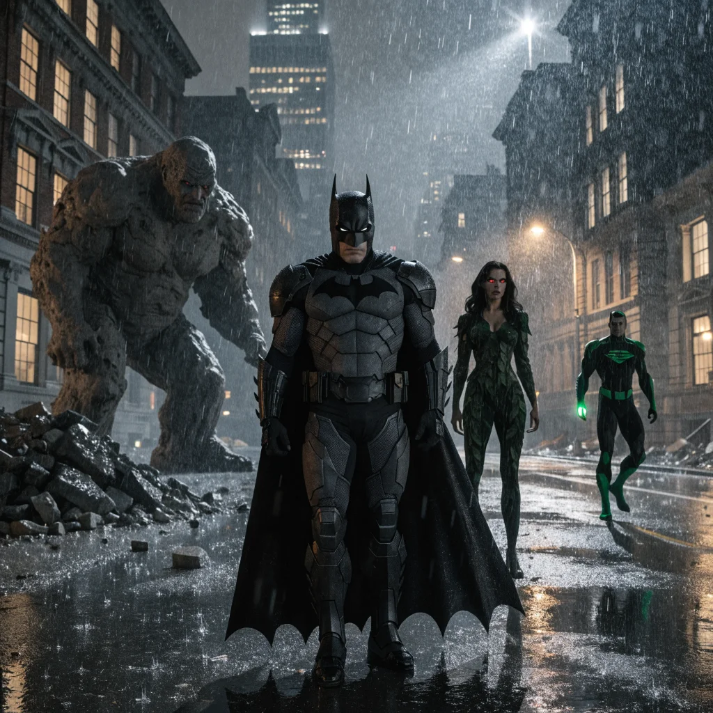 A realistic live-action photo of Batman in Gotham City with Clayface and Poison Ivy characters, featuring Lantern Hal Jordan, in a dark DC Universe setting.