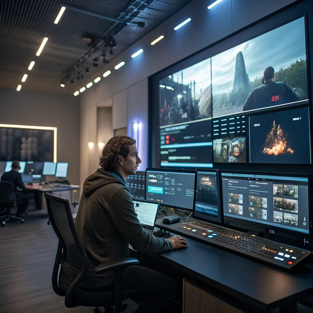 A professional film editor using advanced AI-powered video editing software in a modern Hollywood studio setting.