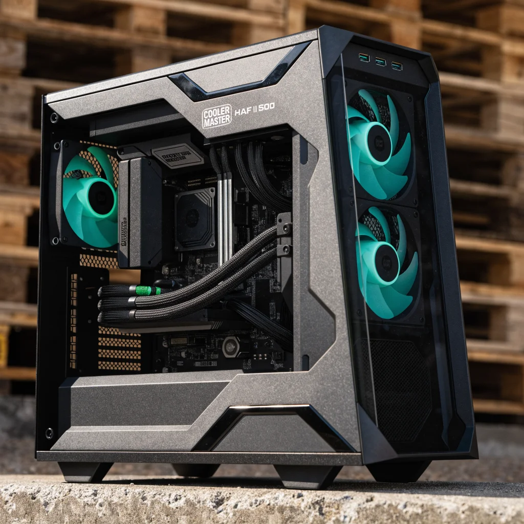 A Cooler Master HAF II 500 PC case with large 220mm fans, E-ATX motherboard support, efficient cable management, dust filters, and liquid cooling radiator.