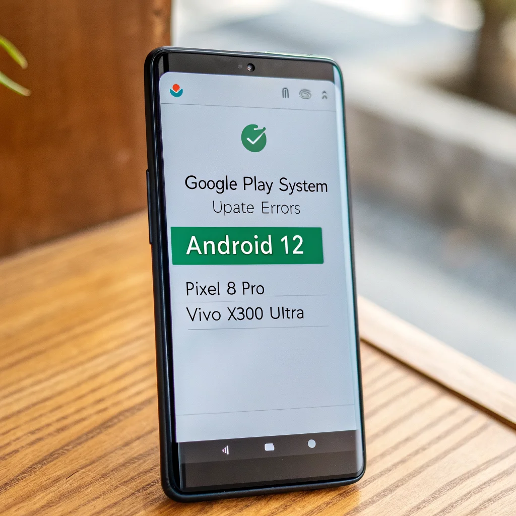 A smartphone screen displays Google Play system update errors on Android 12 with Pixel 8 Pro and Vivo X300 Ultra, showing incorrect update dates.
