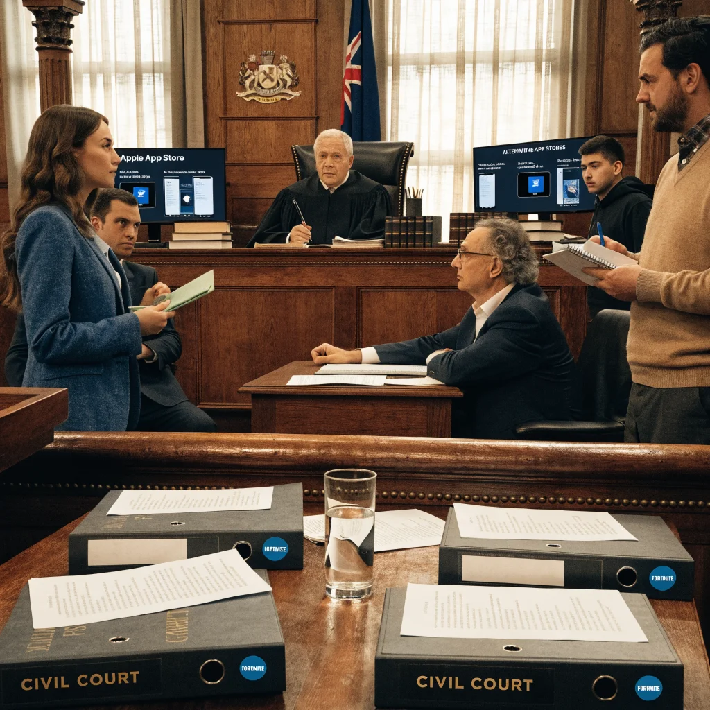 A federal Australian courtroom scene showing a judge presiding over a case about Apple's App Store and alternative app stores with Fortnite logos and legal documents.