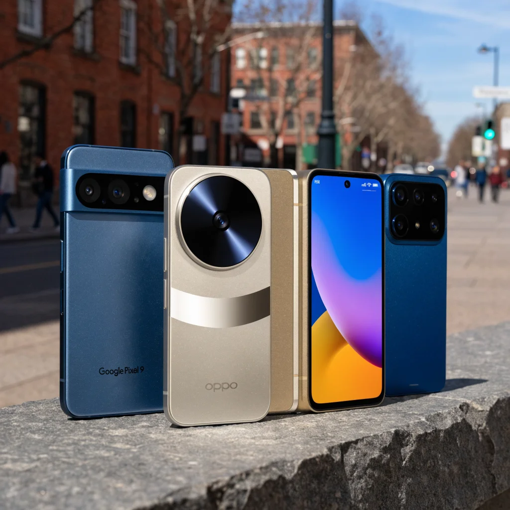 A realistic photo of a Google Pixel 9 refurbished smartphone alongside an OPPO phone with a camera, a foldable iPhone Duo, and a Vivo phone, representing the 2026 smartphone market trends.
