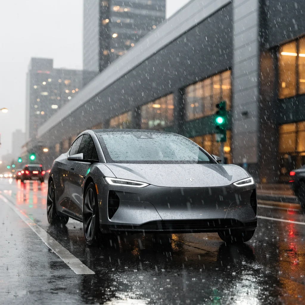 A realistic photo of a Tesla Cybercab electric robotaxi with full self-driving capability operating autonomously in Texas near the Gigafactory.