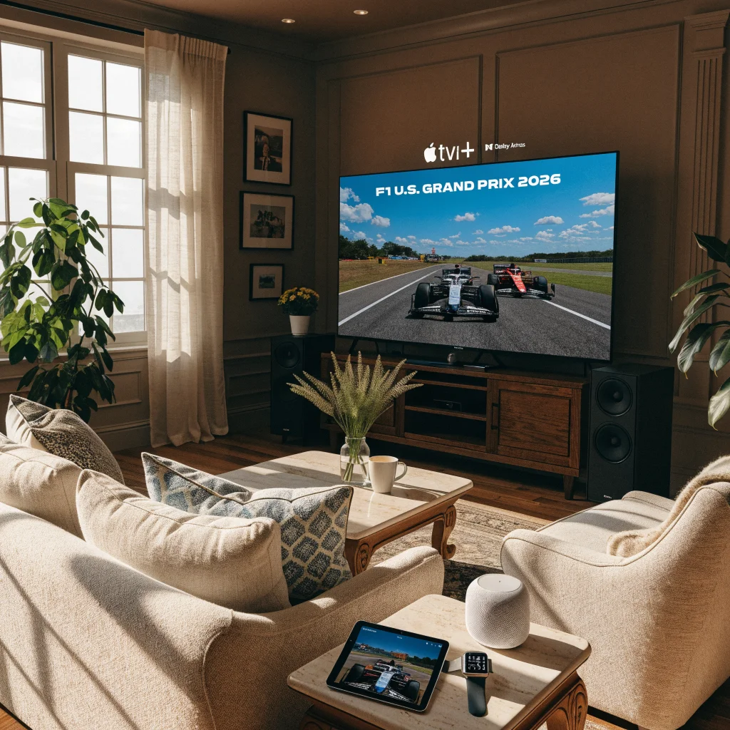 A living room with a large Apple TV screen showing the 2026 F1 U.S. Grand Prix in Dolby Atmos, surrounded by Apple devices like iPad mini, HomePod mini, and Apple Watch Ultra 4.